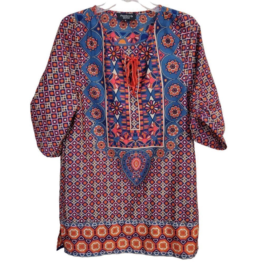 Tolani Size S tunic top Blouse swim coverup colorful Boho orange blue 3/4 sleeve